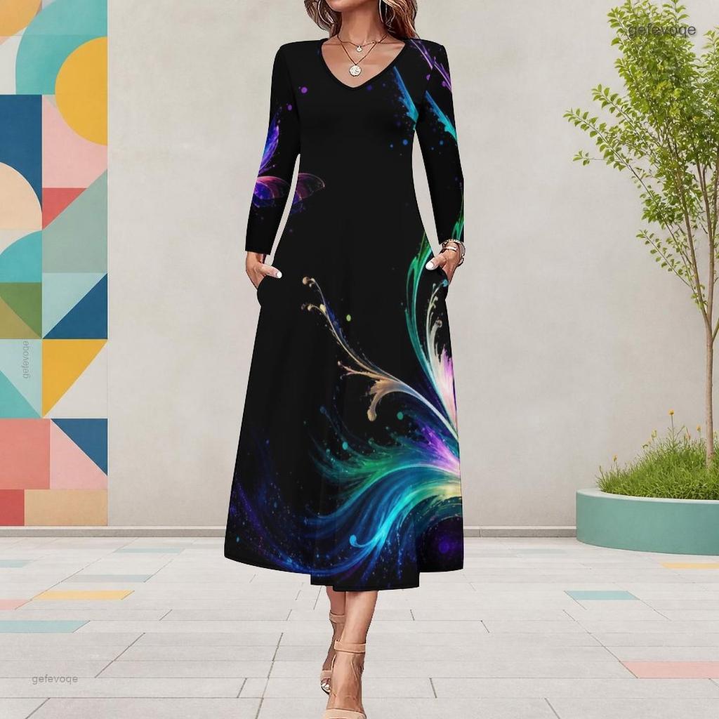 Women Plus Size V Neck Long Sleeve Black Multicolor Printed A Line Midi Dress With Pockets
