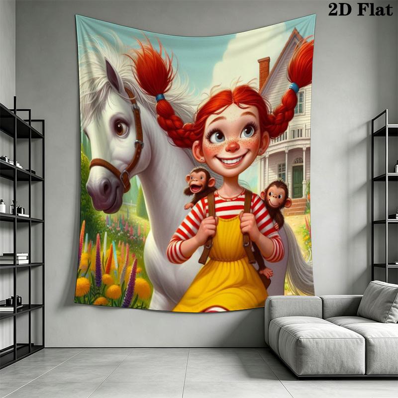 Pippi Longstocking Tapestry Cartoon Girl Horse Monkey Tree Wall Hanging Art Decor for Bedroom Living Room Home Backdrop