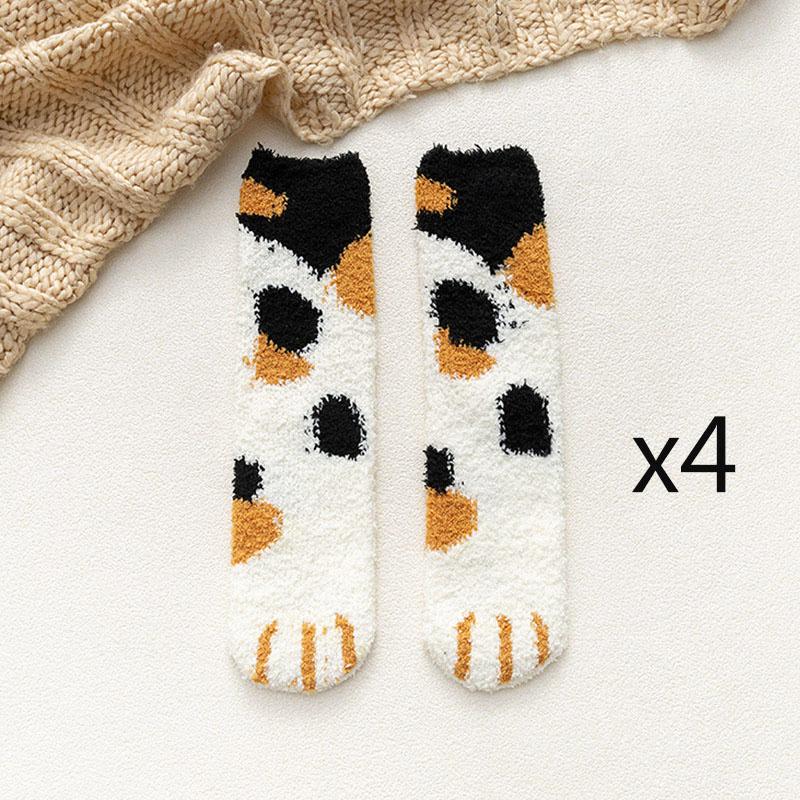 4pairs Winter Coral Fleece Cat Paw Print Socks For Women Men Warm Striped Middle Tube Socks Home Floor Sleeping Socks