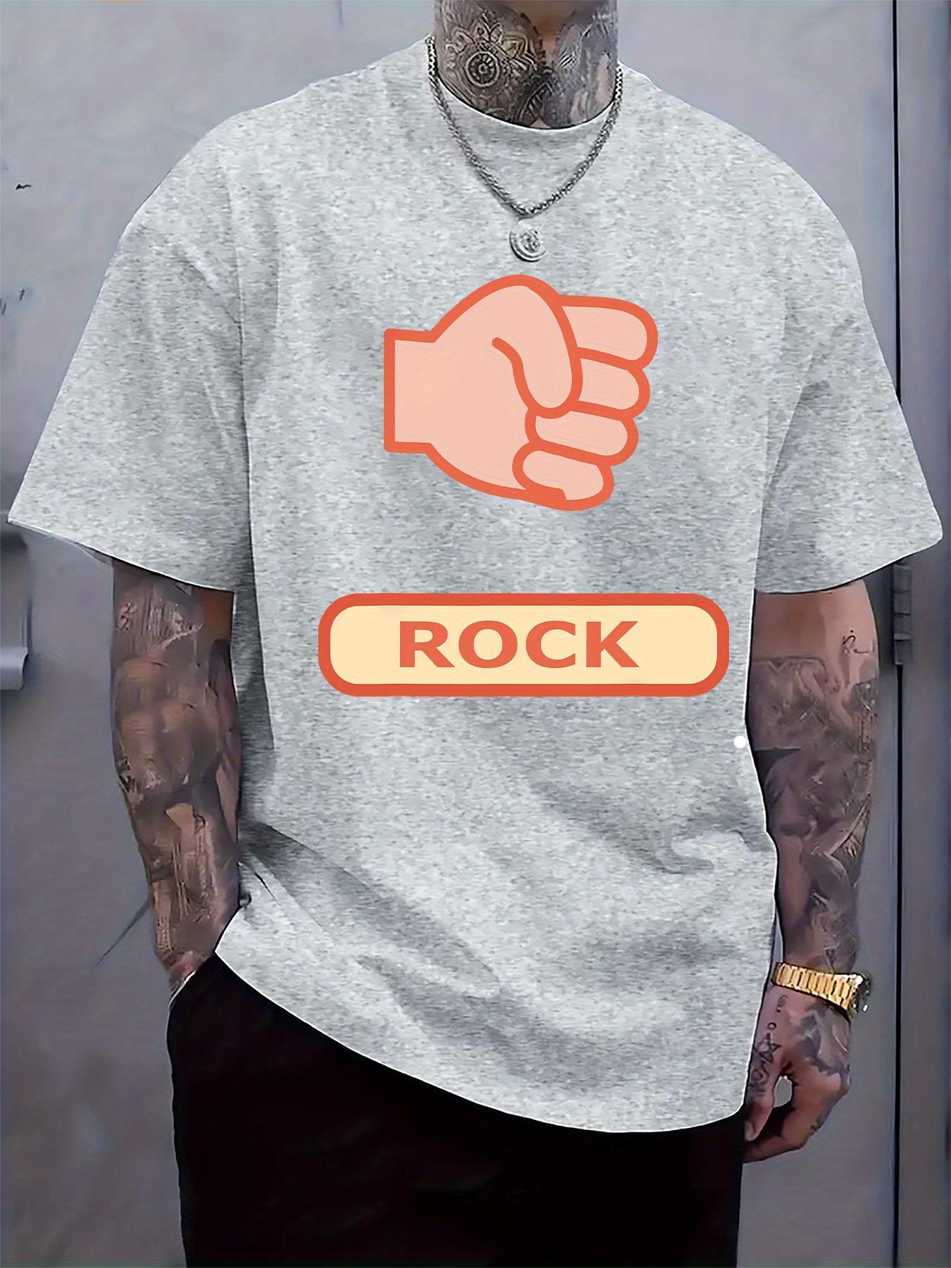 Casual Crew Neck T-shirt with Rock Hand Print - Light Gray XXL