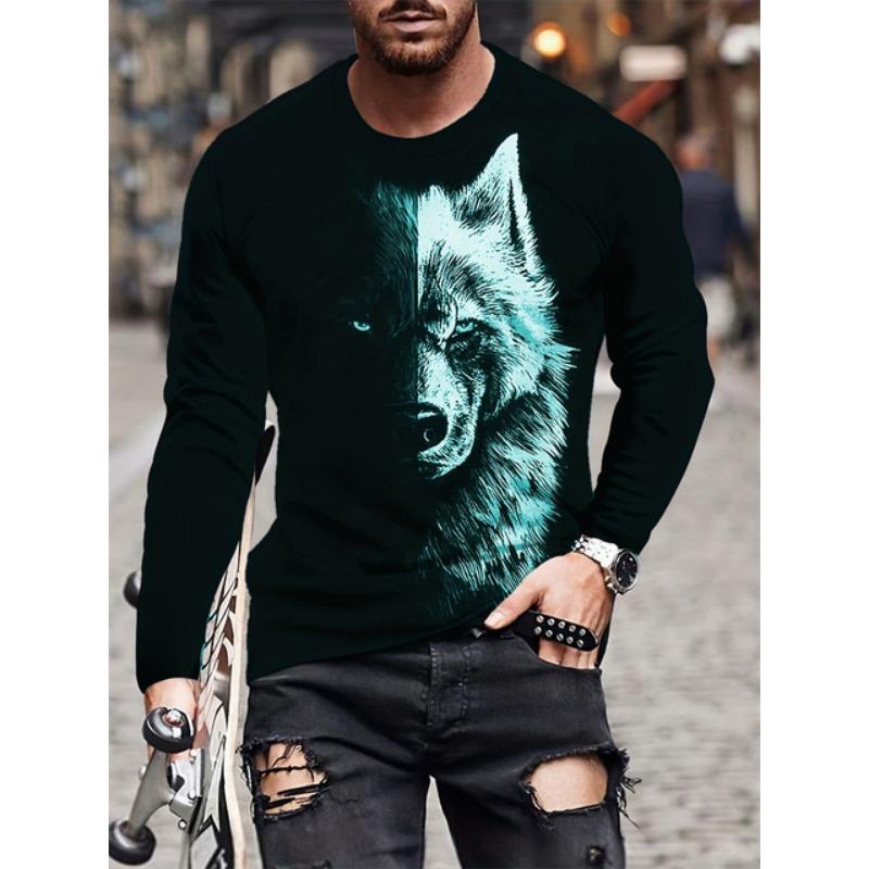 Langarm-T-Shirt für Herren mit Tiermuster, Frühling und Herbst, Alltags- und Freizeitoberteil für Herren, modisches Langarm-T-Shirt mit 3D-Wolf-Print