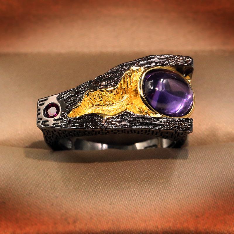 Vintage Chinese Style Lotus Leaf Series Natural Amethyst Lucky Closed Design Ring For Women Wedding Party Engagement Ring