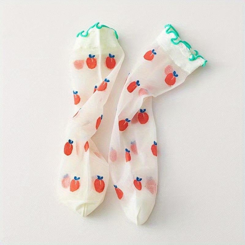 Dünne Strümpfe mit Fruchtdruck und gerollten Kanten für Damen Erdbeere Niedlich Lolita JK Kristallstrümpfe