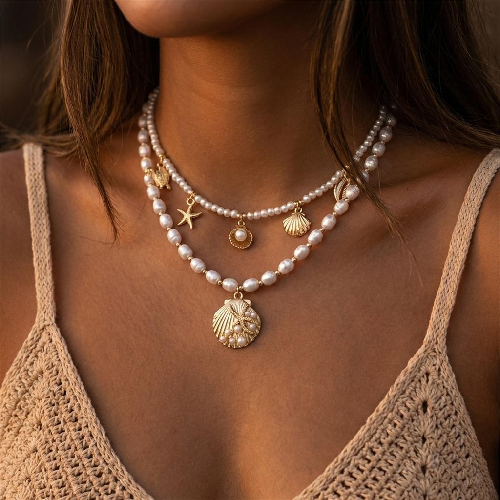 Bohemian Double Layer Seashell Necklaces For Women Handmade White Rice Beads Shell Short Collar Choker Beach Party Neck Zircon