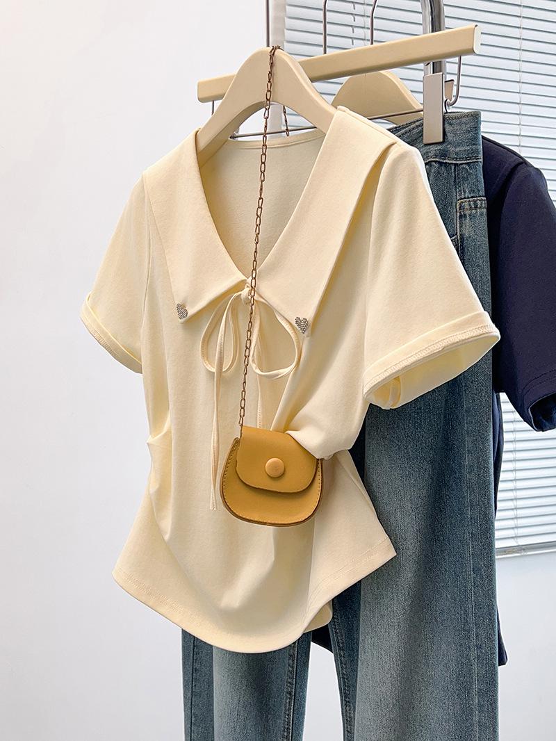 

2026 Summer Plus Size Women s Heart Cinched Lapel Tie-Up Short Sleeve T-Shirt XXXL абрикосовый