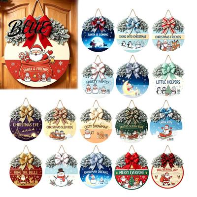 Seasonal Wall Art Christmas Wooden Welcome Sign for Front Door Round Hanging Ornament with Xmas Tree Pendant Artificial Pine Branches & Bow