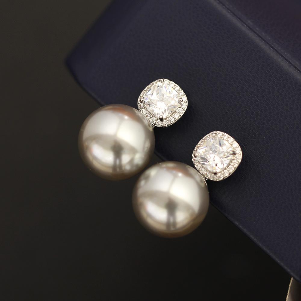 Princess square stone-set large pearl earrings, gold-plated multi-color 925 silver needle earrings, versatile without pierced earrings, earrings for