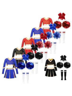 Girls Dance Performance Set: Cheerleading Crop Top, Skirt, Headwear, Stockings & Hand Flowers for Stage Show & Competition
