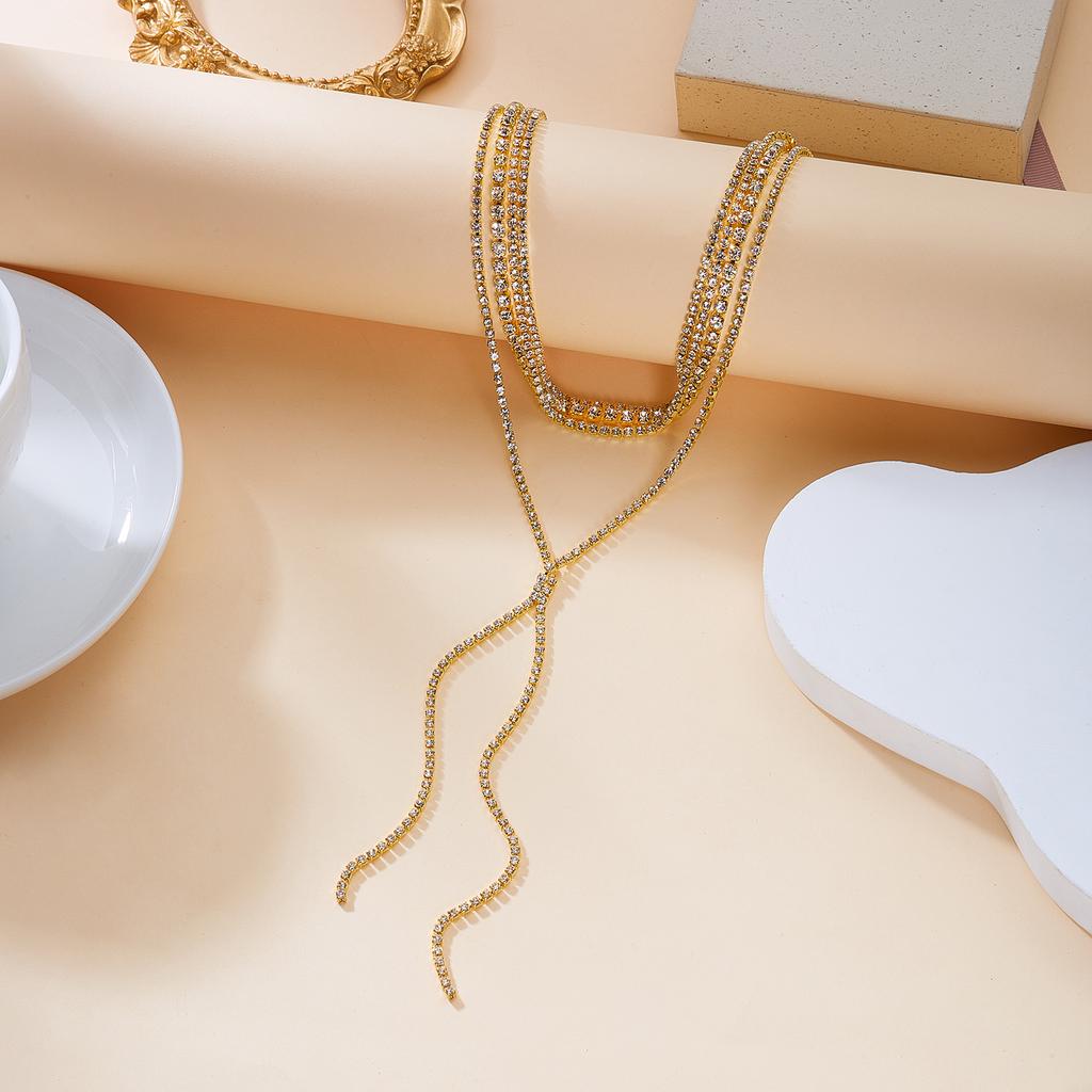 Y2K Bling Rhinestone Necklace for Women Long Tassel Aesthetic Gold Silver Color Sparkly Multilayered Chain Party Jewelry Gift