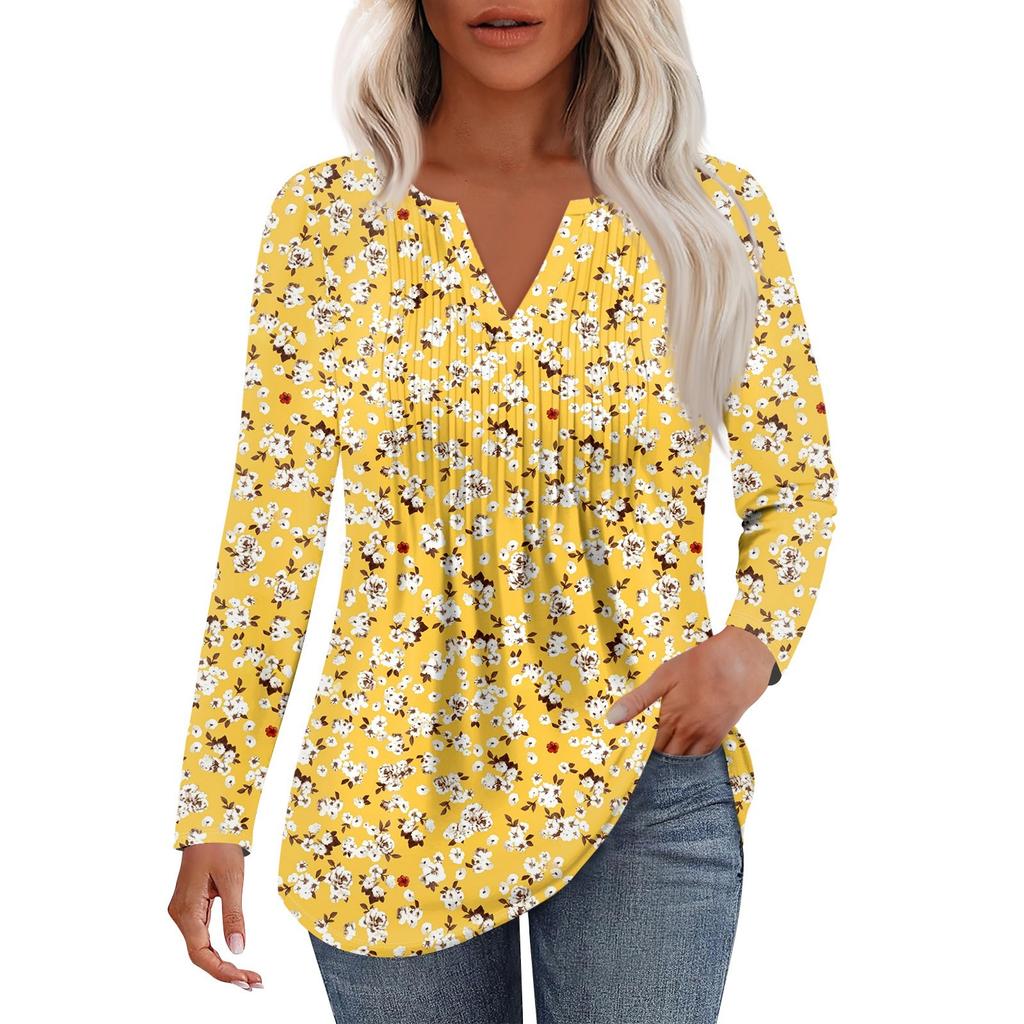 Women's Fashion Casual Pleated V Neck Solid Color Long Sleeve T-Shirt Elegant Tops