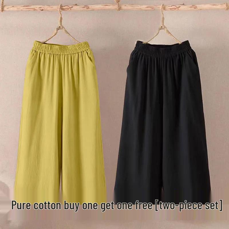 Women's Summer Cotton Linen Wide-Leg Pants: Korean Style, Loose Fit, Plus Size, Versatile Seven-Point Casual Wear.