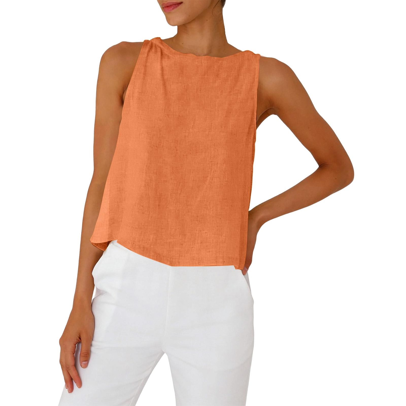 

Women s Fashion Linen Round Neck Sleeveless Shirt Linen Clothes Sleeveless Vest S помаранчевий