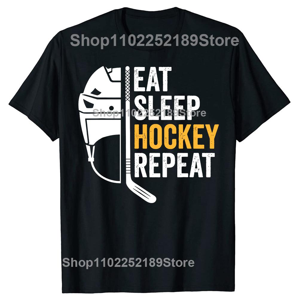 Funny Eat Sleep Hockey Repeat Graphic T-shirts Men Women's Fashion Casual Tshirt 100% Cotton Loose Ice Hockey Retro T Shirt