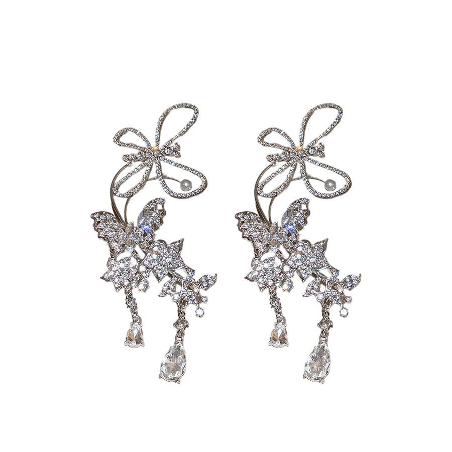 Diamond butterfly hollow water drop earrings heavy industry high sense light luxury ear hanging fashion niche design earrings women
