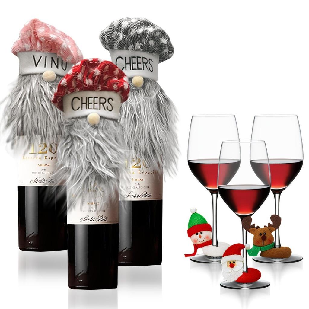 Flannel Christmas Wine Glass Hugging Santa, Snowman, and Reindeer Decoration