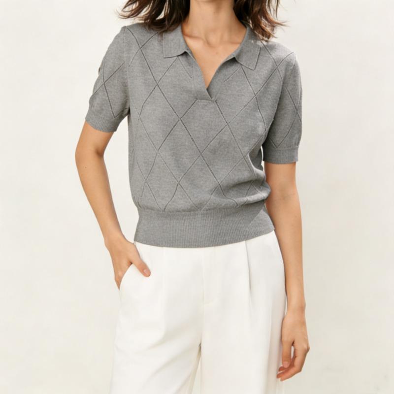 Women Summer Thin Knit Polo Collar Short Sleeve Slim Commute Top