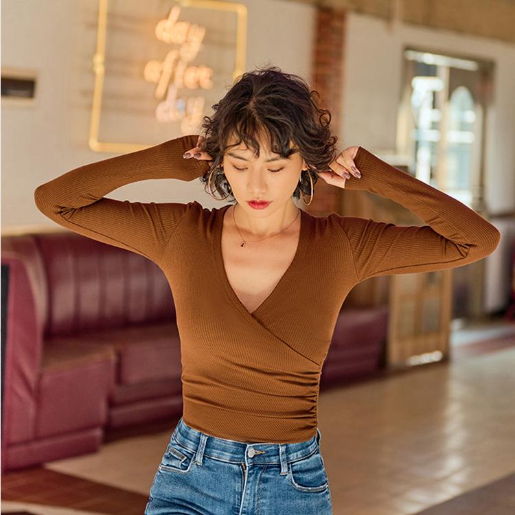 Φθινόπωρο/Χειμώνας V-Neck Πλισέ Στενή Εφαρμογή Μακρυμάνικο Top Γιόγκα