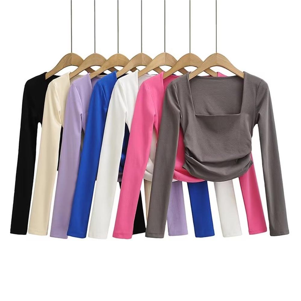 YPFF Trendiges Damen Oberteil mit geraffter Taille, langen Ärmeln und quadratischem Ausschnitt