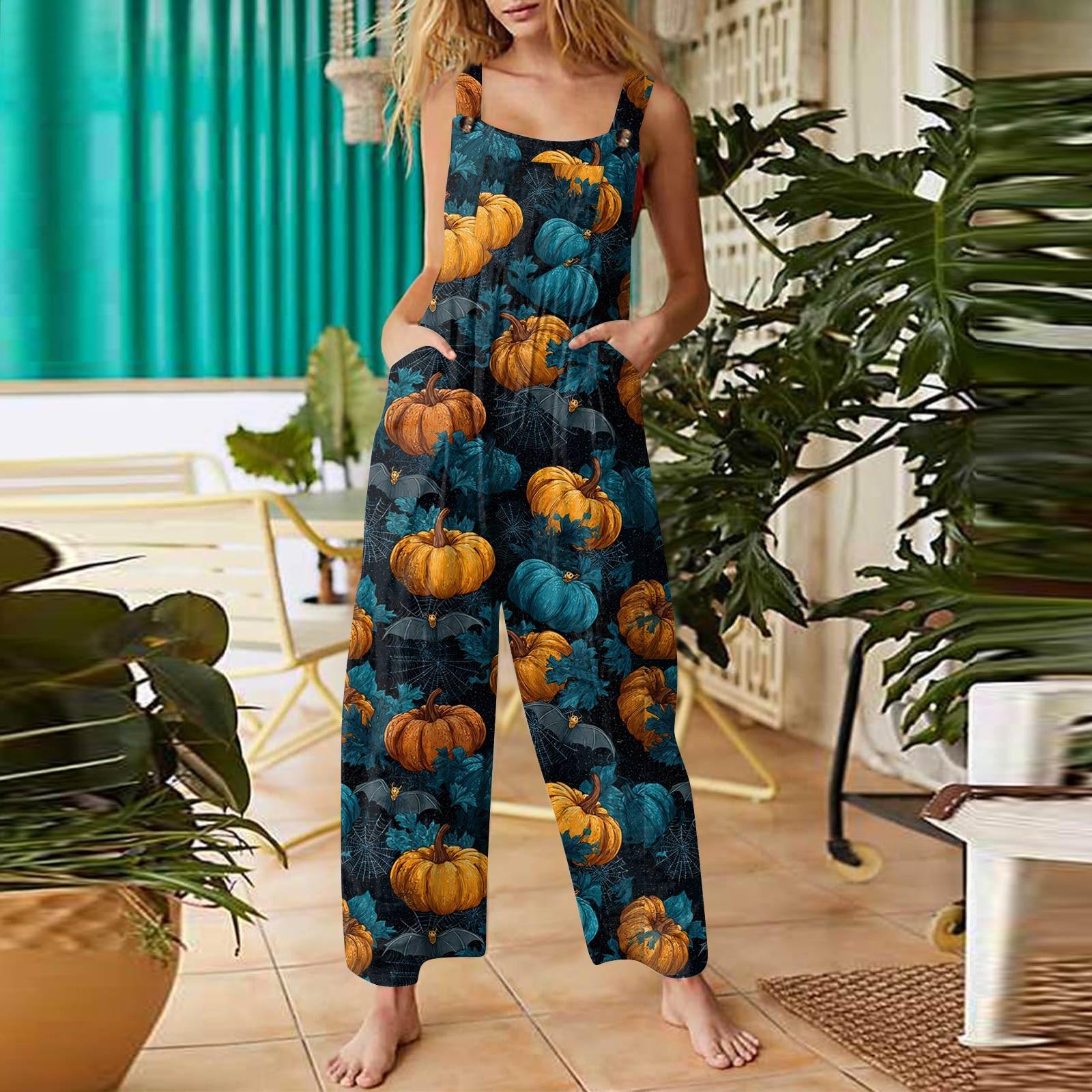 

Women s Fashion Halloween Print Casual Vintage Sleeveless Button Jumpsuit XXL