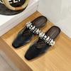 Sheepskin version~ Zhao Ruth one word with rhinestone bag head slippers women's retro summer flat bottom pointed half slippers