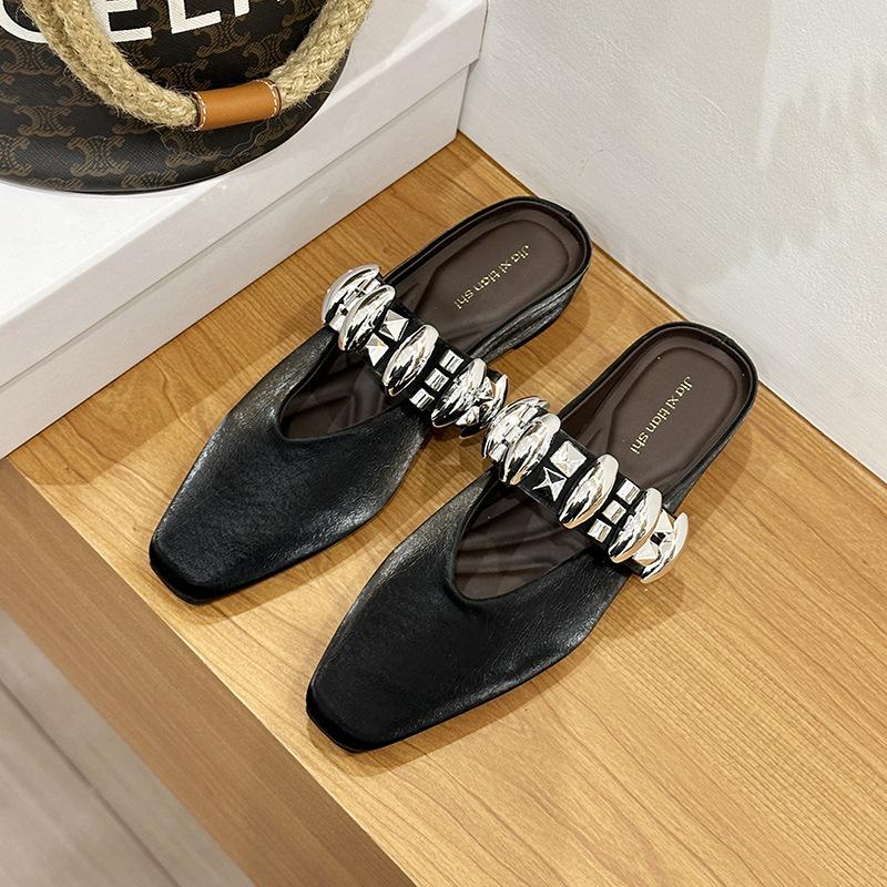 Sheepskin version~ Zhao Ruth one word with rhinestone bag head slippers women's retro summer flat bottom pointed half slippers