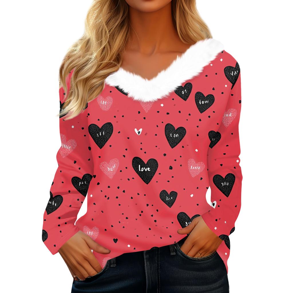 Women's Valentine's Day Printed Long-Sleeved Shirt, V-Neck, Casual Loose-Fitting T-Shirt Top