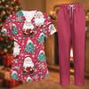 Women's Uniform Set with Short Sleeve Christmas Print Top and Pants, Two Piece Caregiver with Pockets