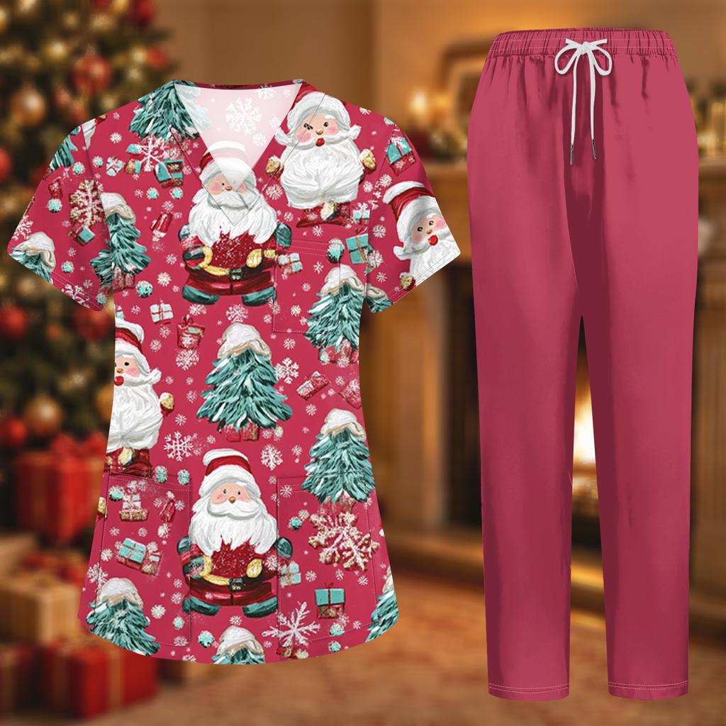 Women's Uniform Set with Short Sleeve Christmas Print Top and Pants, Two Piece Caregiver with Pockets