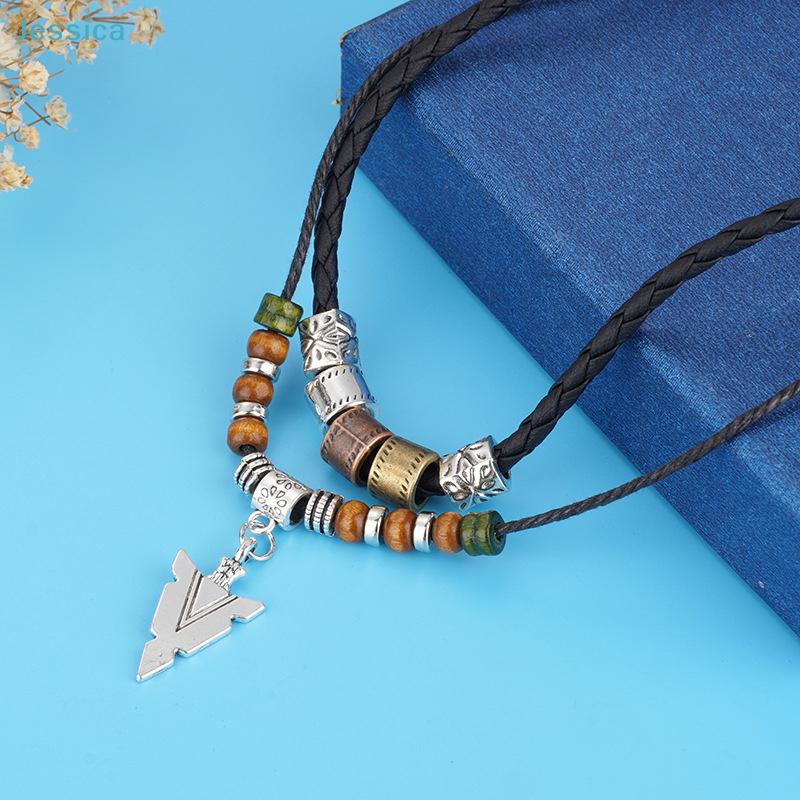 Vintage Arrow Pendant Layered Necklace - Black Braided Leather Chain with Mixed Beads,Retro Boho Style Jewelry for Men/Women