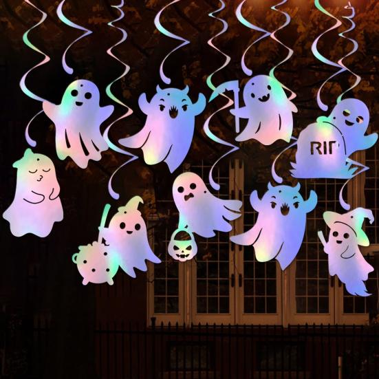 8 Pcs Iridescent Ghost Hanging Swirls Cute Shinny Foil Ghost Swirls Halloween Ceiling Streamer for Halloween Party Decoration