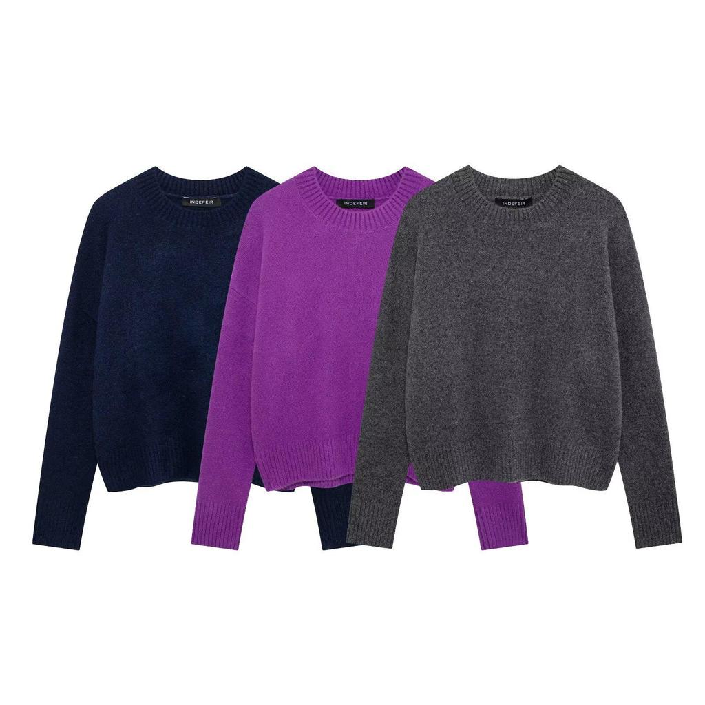 Women's European & American Style Round Neck Solid Color Soft Long Sleeve Knitted Sweater