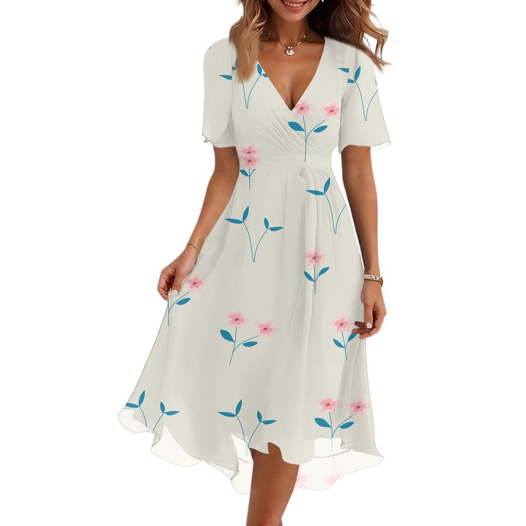 Women's Fashion Casual V-Neck Short Sleeve Floral Print Dress