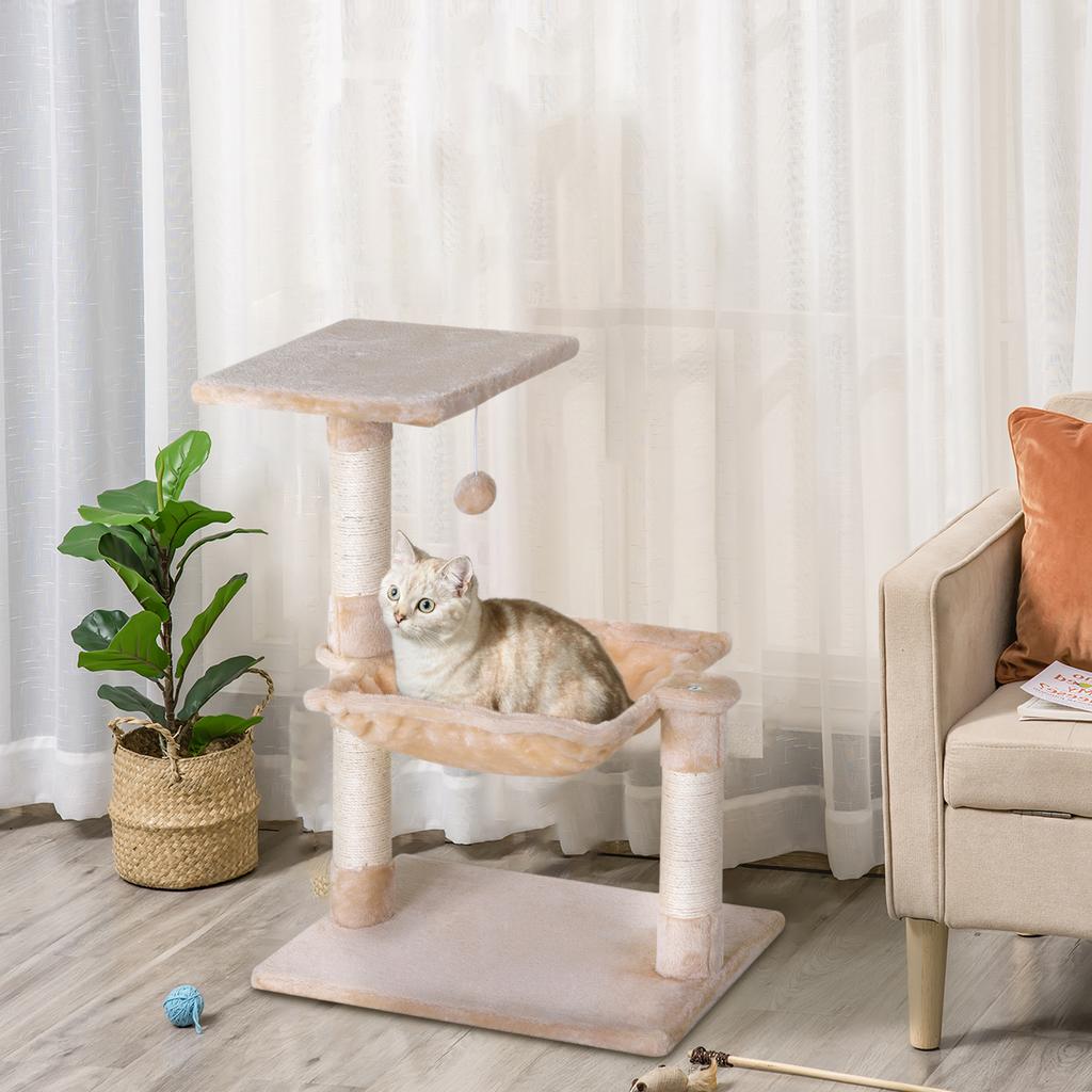 Cat Tower max 3.6kg with Hammock and Hanging Ball, Made of Wood and Plush, 50x36x70 cm, Beige