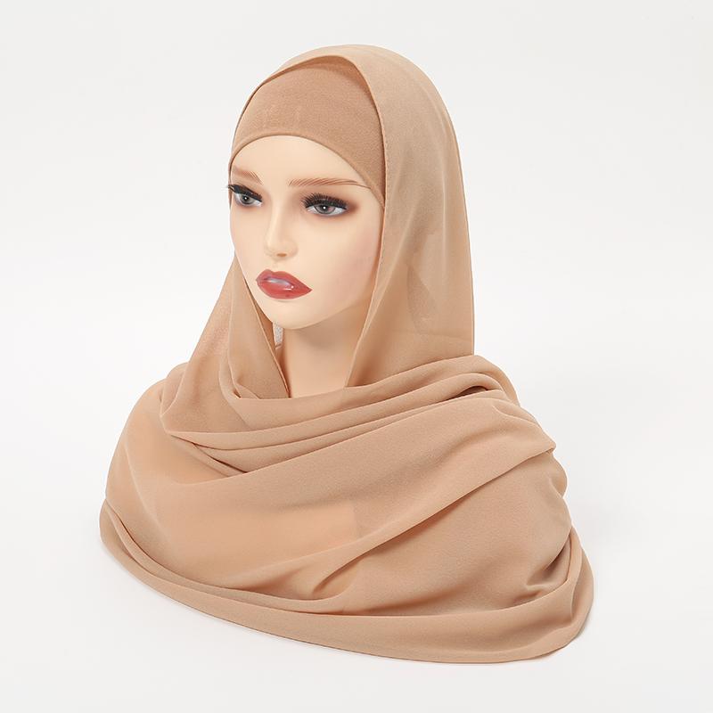 Solid Chiffon Hijab With Matching Undercap Set Women Plain Shawl Jersey Inner Modal Caps Muslim Headband Two-Piece Scarf Set