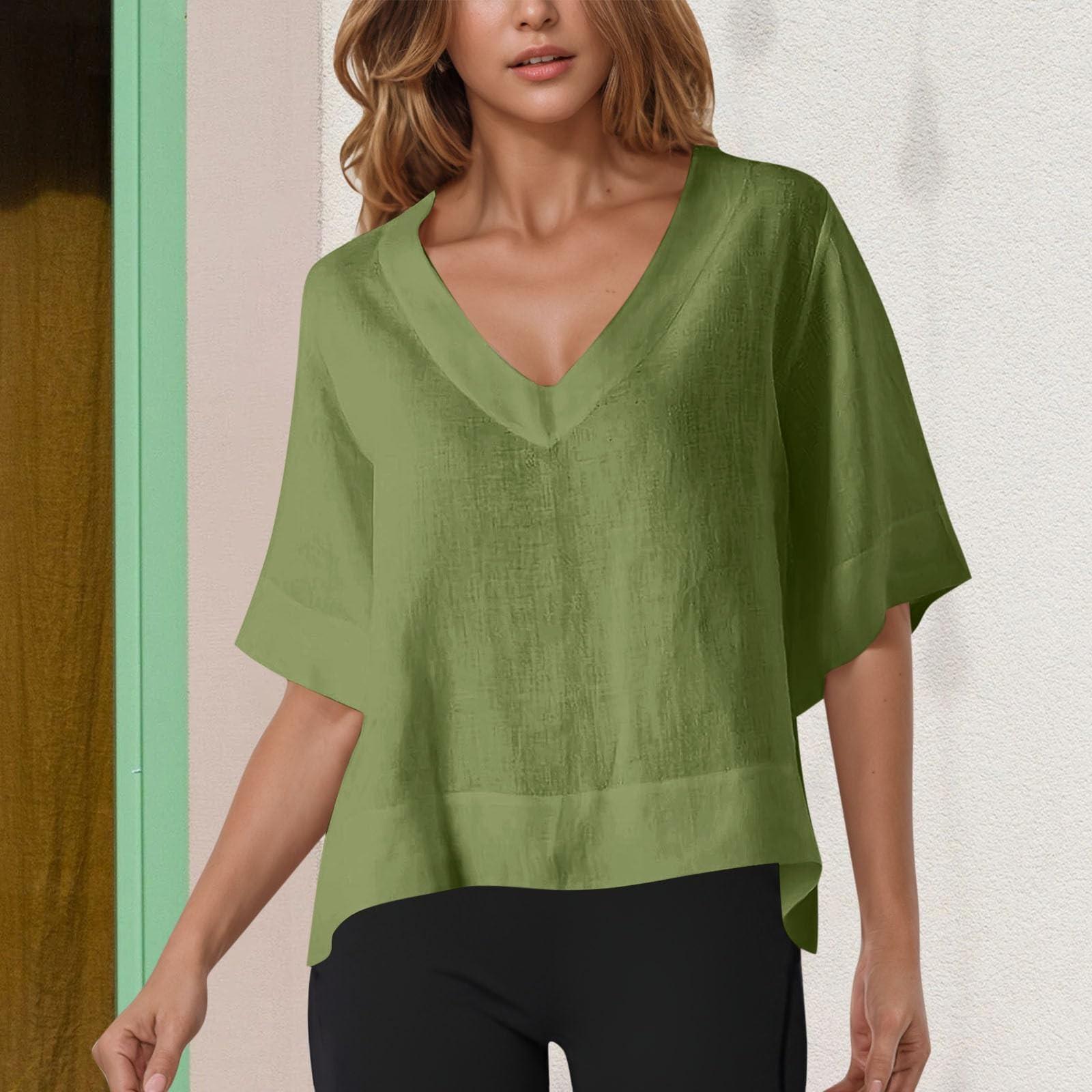 

Женская модная повседневная удобная однотонная хлопково-льняная рубашка с V-образным вырезом и короткими рукавами M