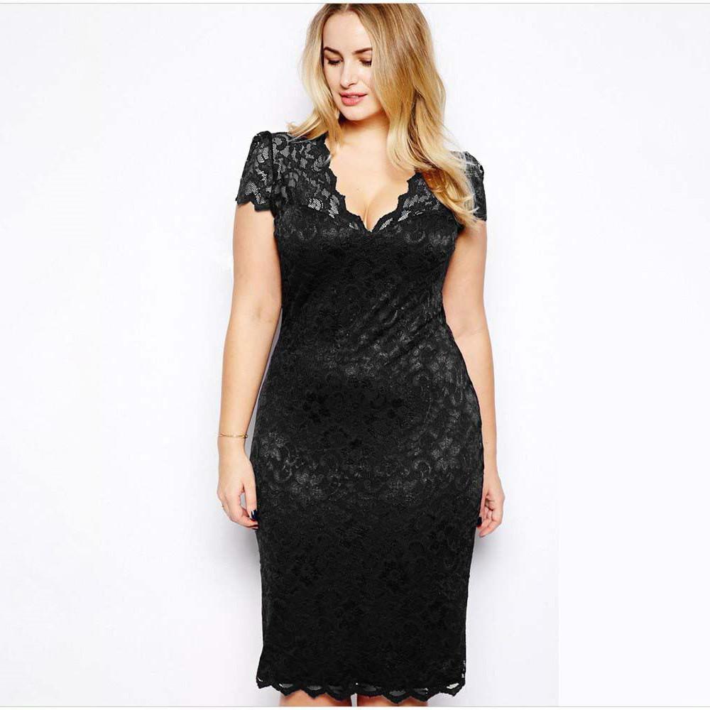 Plus Size Spring Sexy Lace Midi Dress V Neck Scalloped Lace Trim Slim Fit Bodycon Elegant Evening Party Cocktail Wedding Guest Dress S
