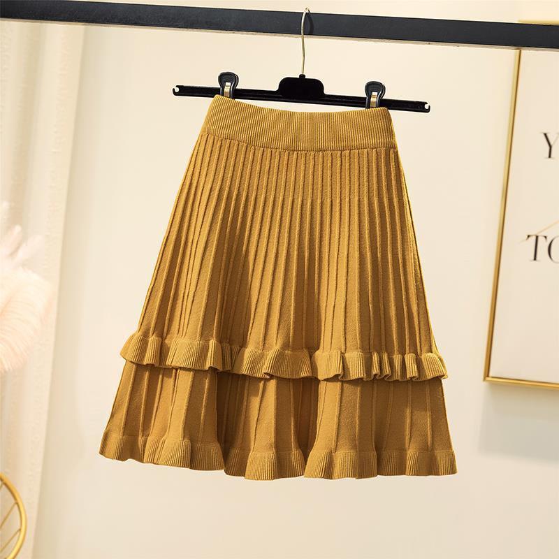 Fusta tricotată Femei Toamnă și Iarnă cu talie înaltă Fusta plisată A-line Volane Culoare pură Talie elastică