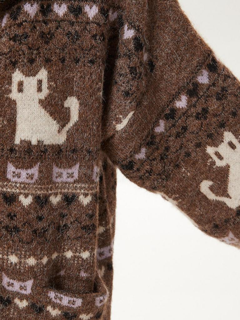 Women's Coffee Fair Isle Cat Knit Cardigan: Autumn/Winter, Loose Fit, Long Sleeve.