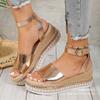 2025 Summer New European and American Large Size Hollow Fish Mouth Wedge Sandals Muffin Gold Glossy Buckle Flat Women's Shoes
