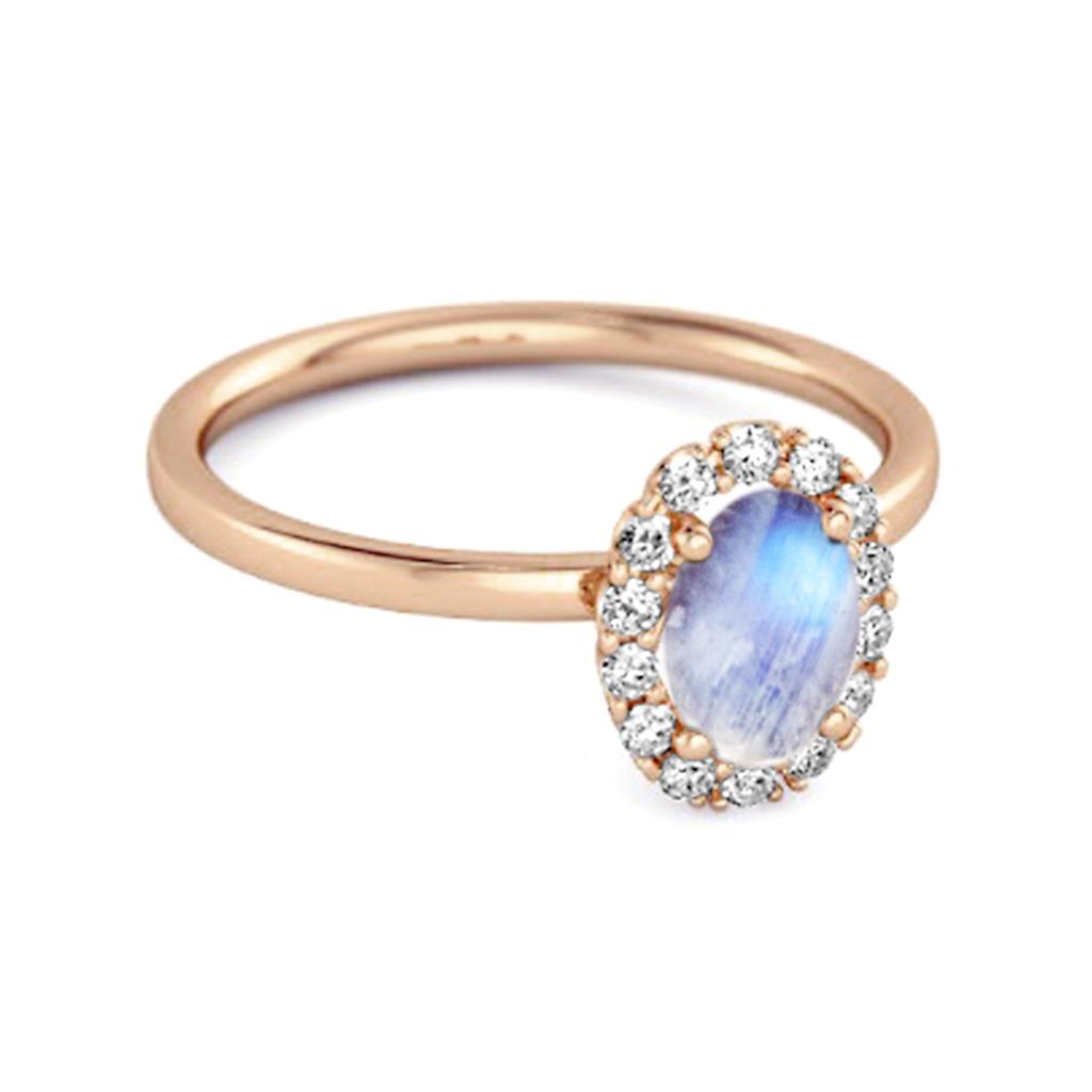 Moonstone Solitaire Halo Accents Ring -925 Sterling Silver Rose Gold Vermeil