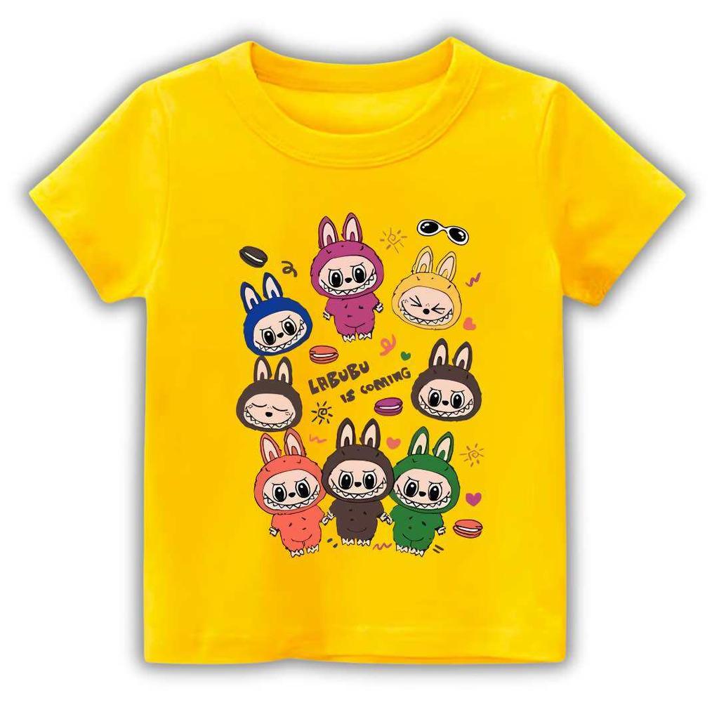 2025 New Children's T-shirt Cartoon Style Multiple LABUBU Printed Round Neck Short Sleeve Casual Girls' Top