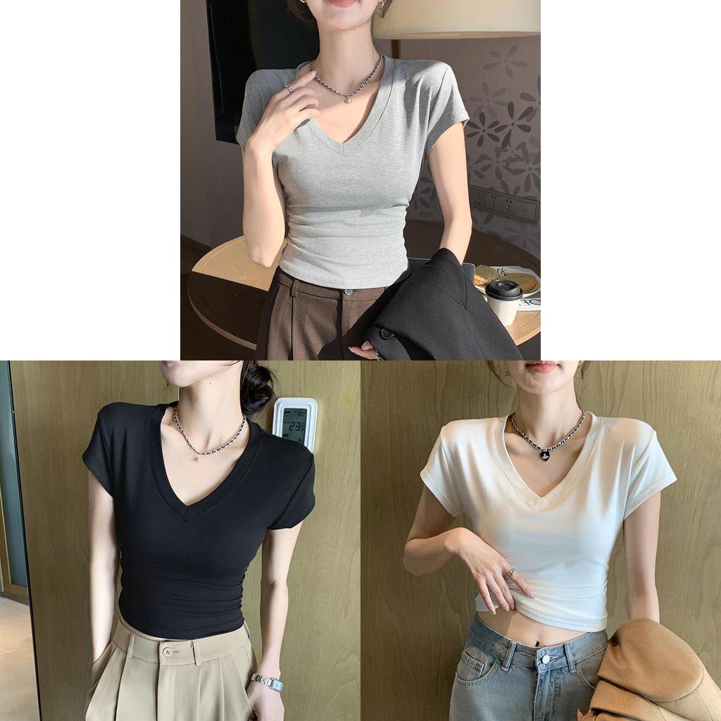 Summer Slim Fit V Neck T Shirt For Women With Polyester Fabric And Short Sleeves
