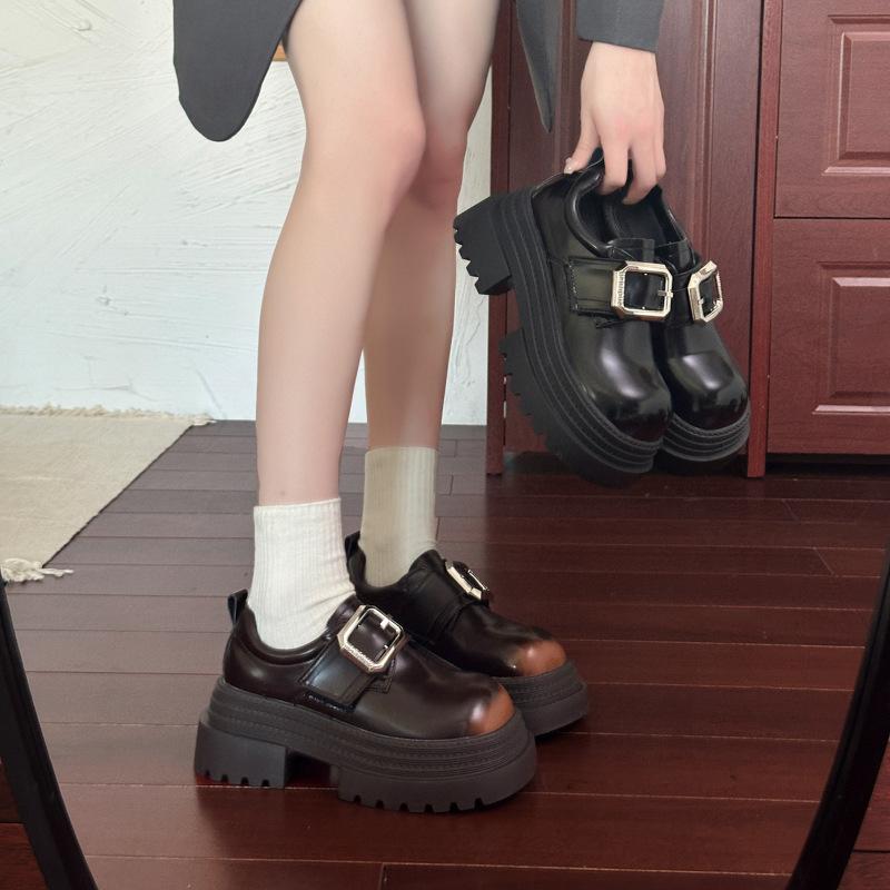 Thick-soled Thick-heeled Small Leather Shoes for Women's 2025 Autumn and Winter New British Style Polished Single Shoes Muffin Bottom Square B