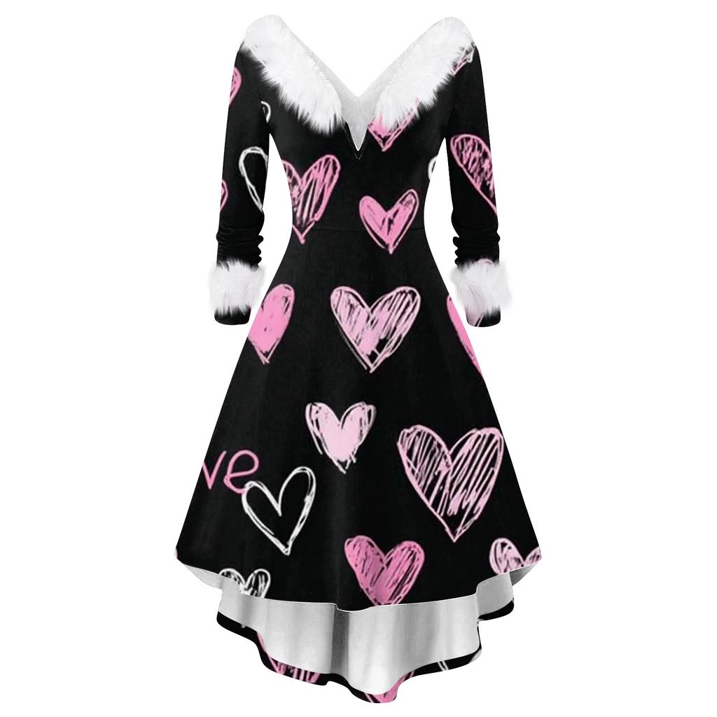 Damen stilvolles und elegantes langärmeliges V-Ausschnitt Kleid mit Valentinstags-Herzprint