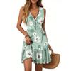 Women's Summer Dress V Neck Sleeveless Casual Floral Print Hem Pleated Dress