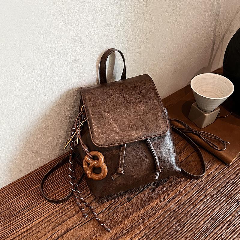Maillard style brown backpack women's summer new trendy simple student schoolbag literary retro bag women