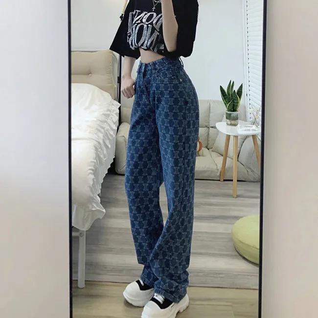 Pantaloni larghi in denim jacquard Love estivi a vita alta larghi dritti da mocio sezione sottile