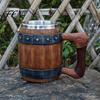 Rustikaler Holzmaserung Bierbecher Fasskrug, 600ml Edelstahl-Einsatz Stein, Isolierter Becher Krug für Kneipe Heimbar Party Geschenk Trinken