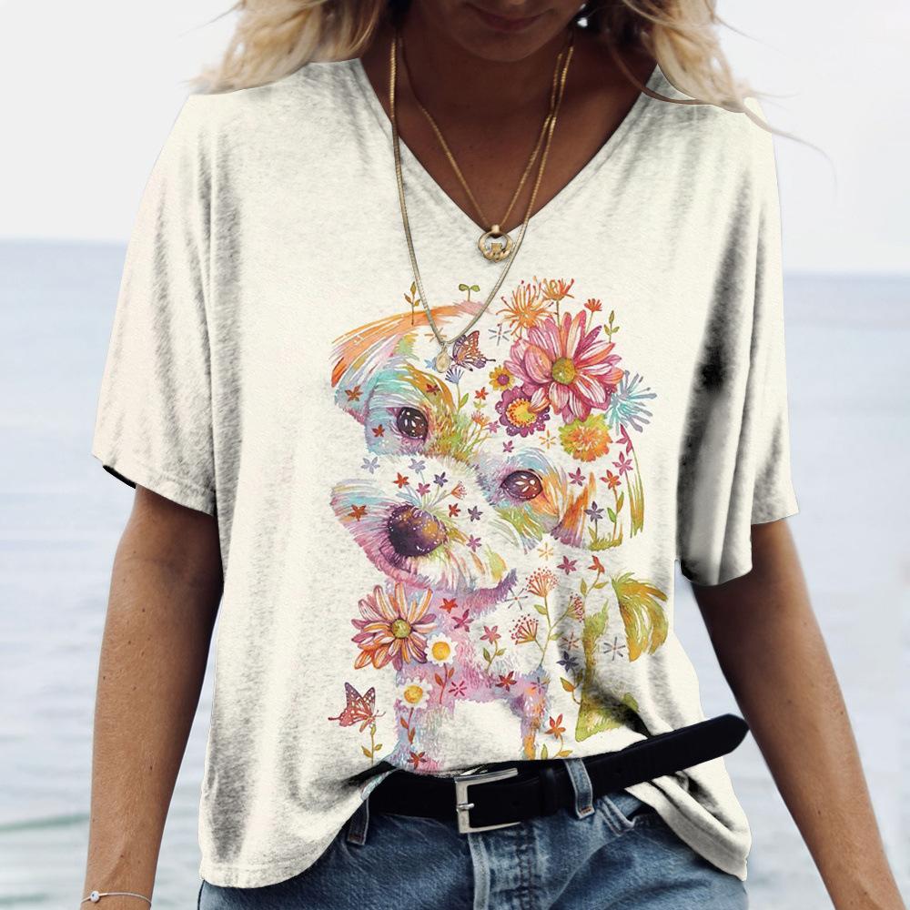 Summer V-neck 3D Dog Printed Top Fashionable Casual Short Sleeved Women's T-shirts