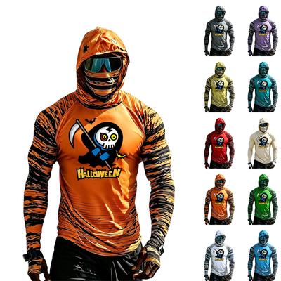 Men's Casual Hooded Long Sleeve Raglan Color-Block Sun Top with Halloween Print (Without Glasses)
